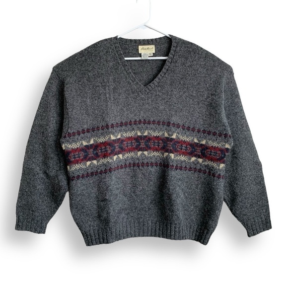 Vintage Fair Isle Wool Sweater XXL Eddie Bauer 90s V Neck Grandpa Pullover - Picture 1 of 12